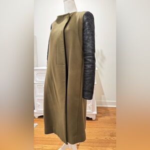BCBG Max Azria military green Genova coat with black leather sleeves XS